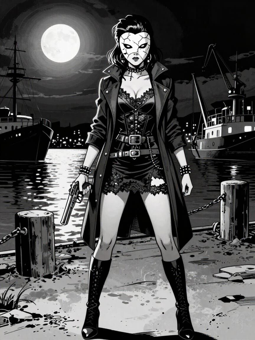 Comic Book Cover Art: Woman on Dock in Stark Black and White