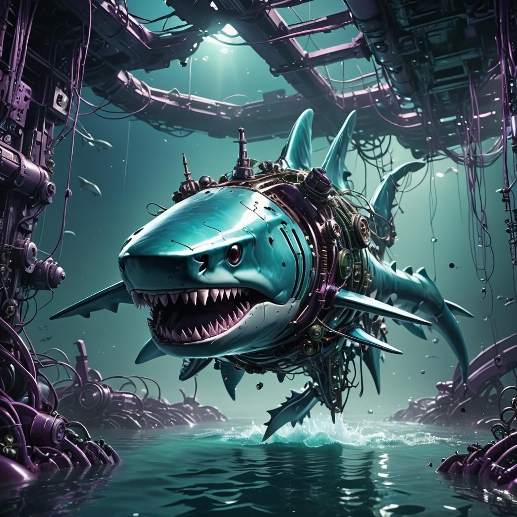 Giant Robot Shark in Sci-Fi Underwater Scene