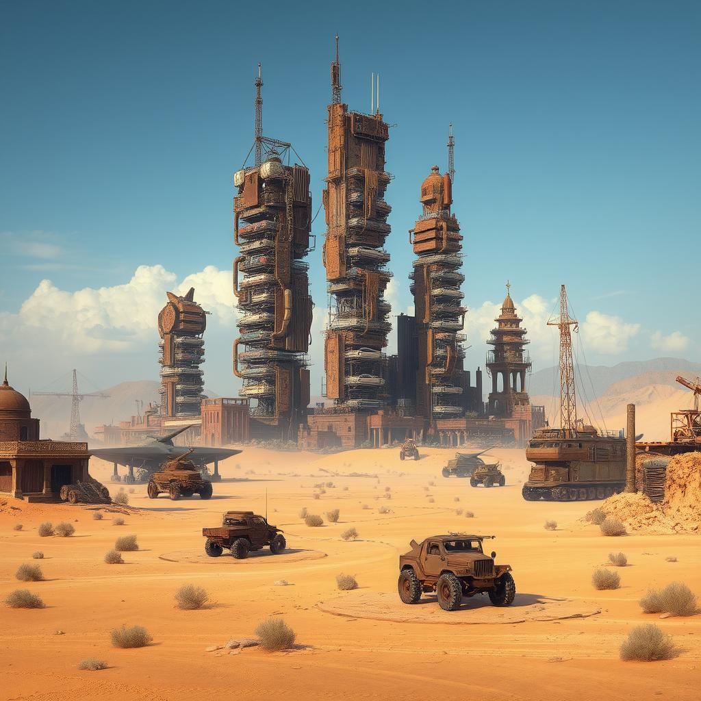 Dieselpunk Cyborg City in Post-Apocalyptic Wasteland