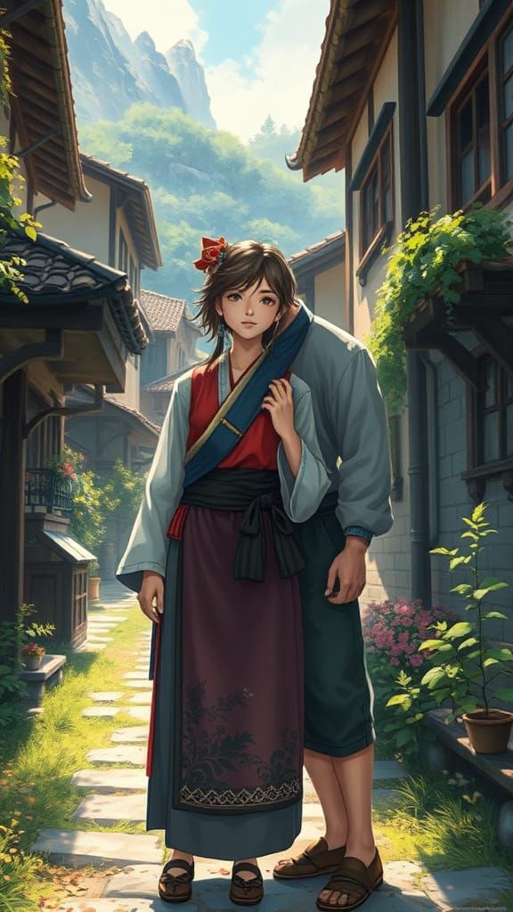 Couple in Quaint Village in Anime Style