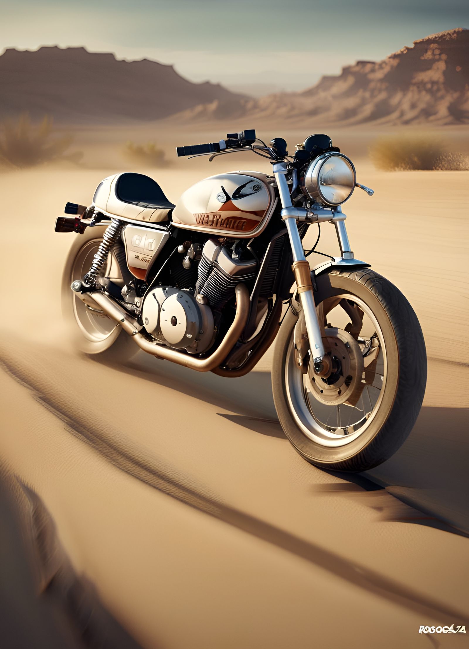 Cafe Racer Motorcycle on Desert Road in Art Nouveau Style