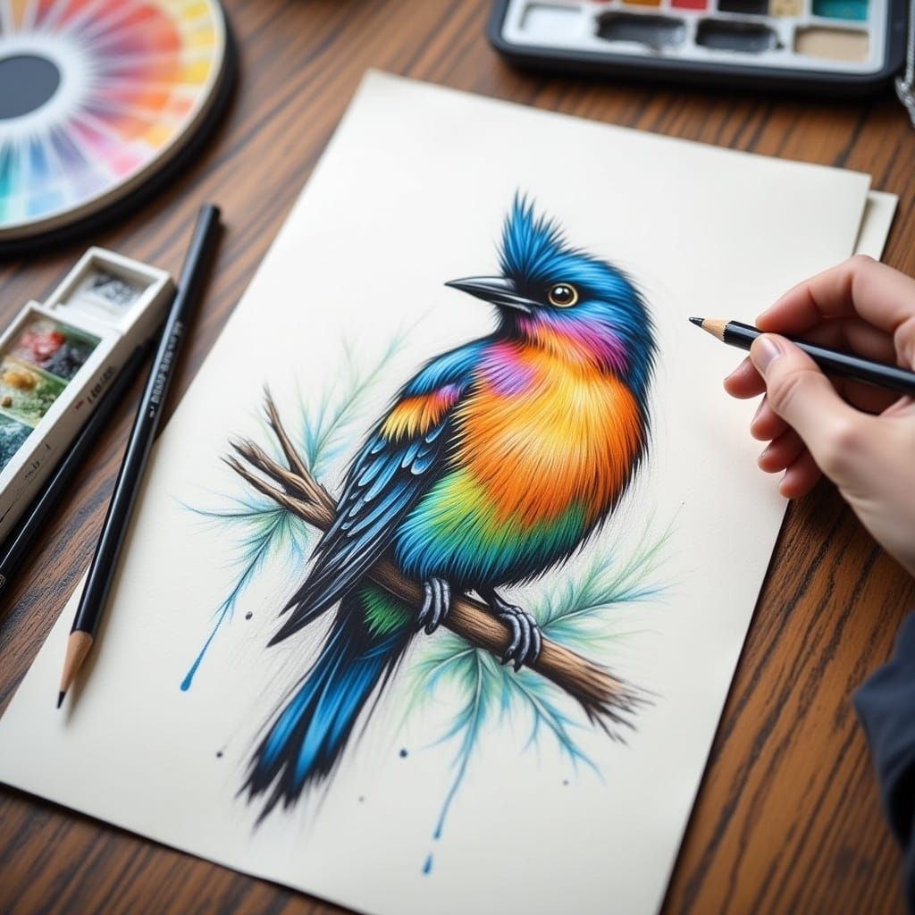 Hand Drawing Vibrant 3D Bird Sketch