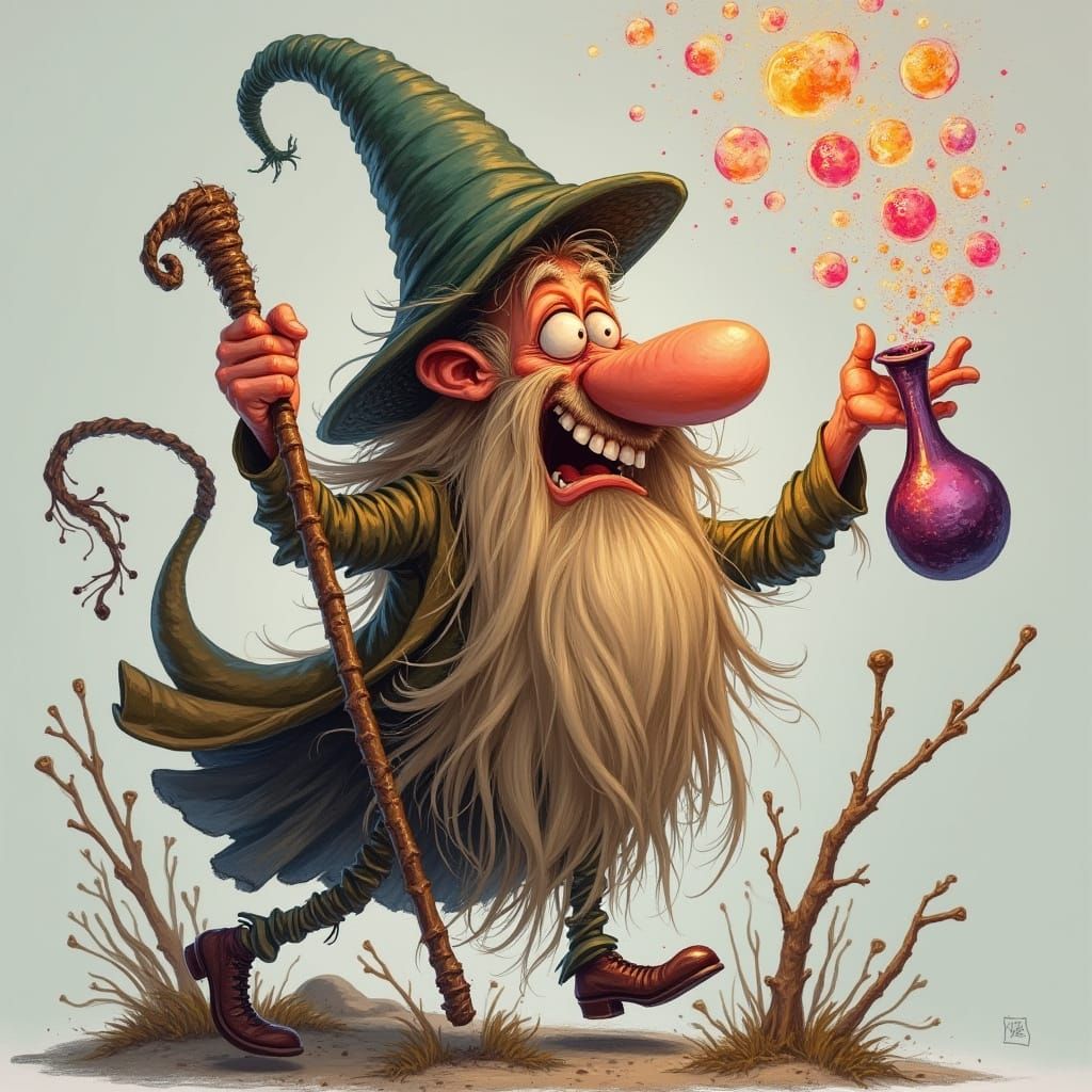 Wizard Casting Potions in Whimsical Cartoon Style