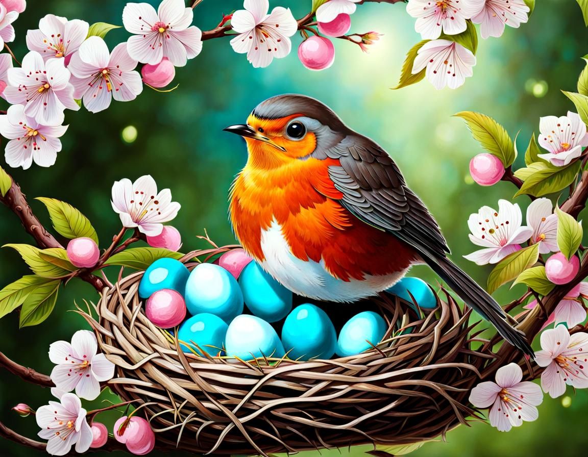 Adorable Robin in Nest with Blue Eggs and Cherry Blossoms