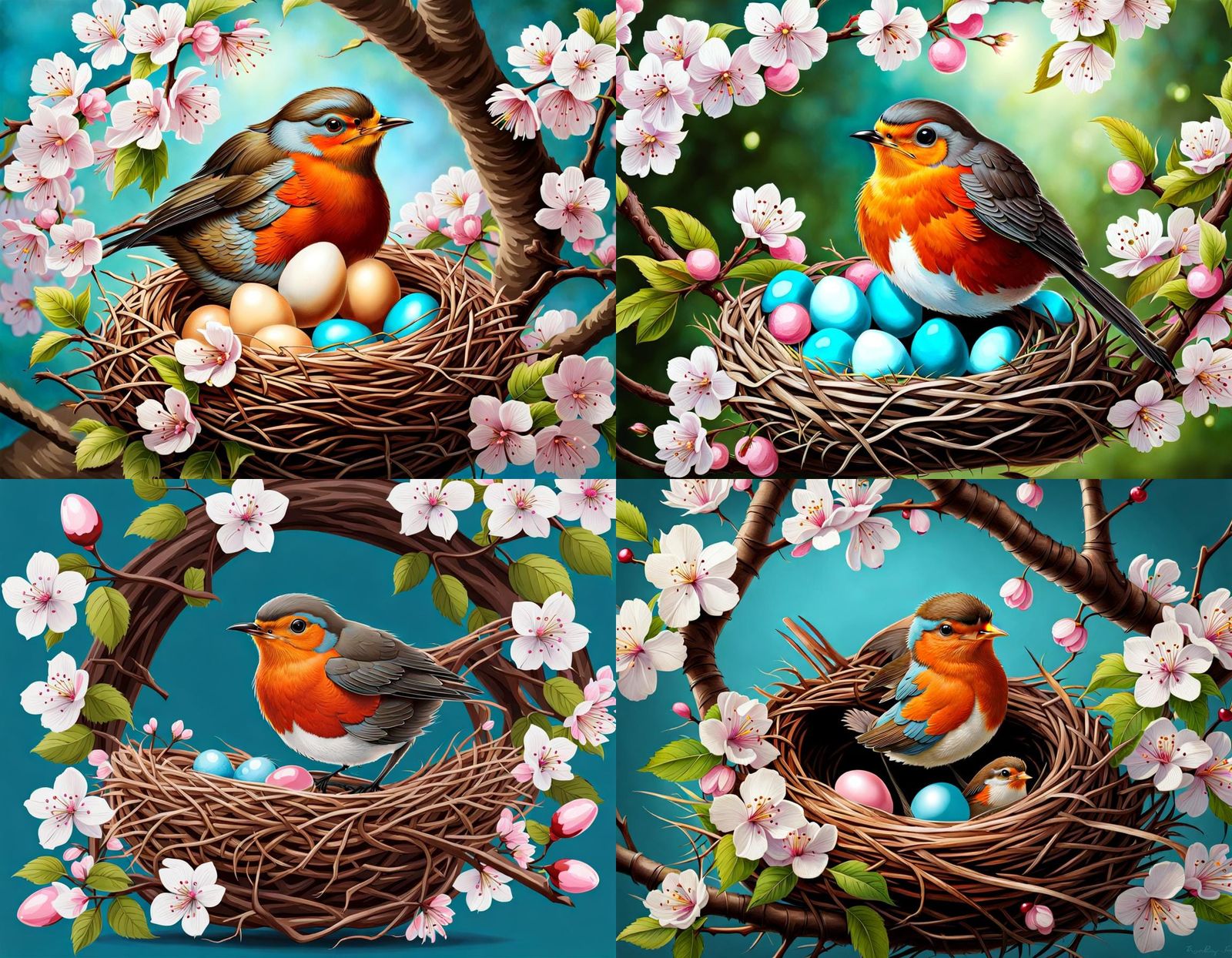 Robin's Nest with Blue Eggs and Cherry Blossoms