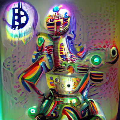 Psychedelic Robot Holding Bitcoin in Vibrant Colors