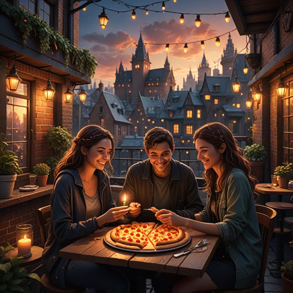 Romantic Couple Sharing Pizza at Sunset, Detailed Matte Pain...