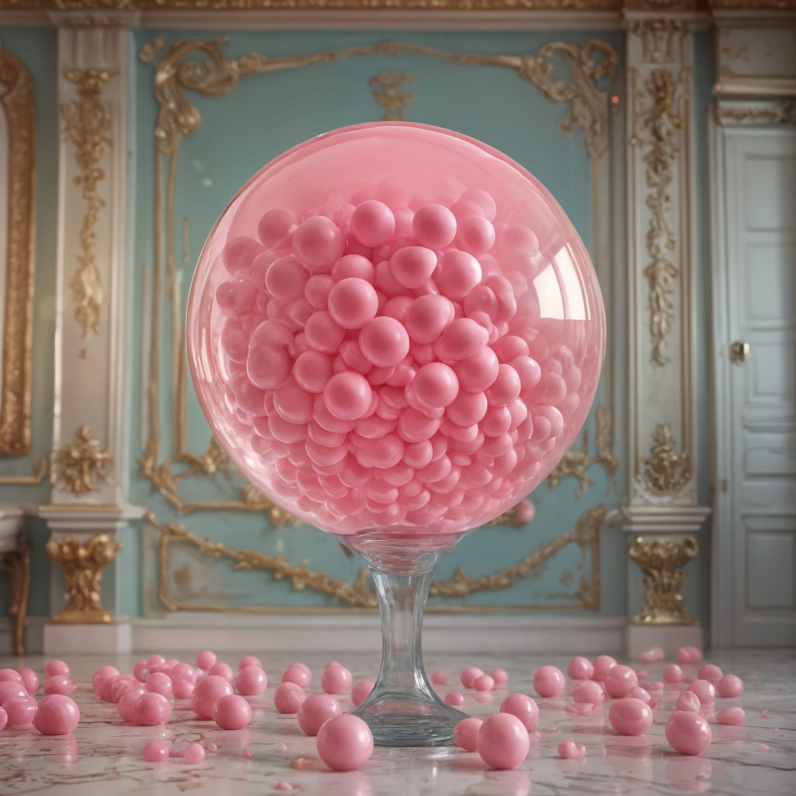 Retro-Style Room Interior with Elegant Pink Bubblegum Bubble...