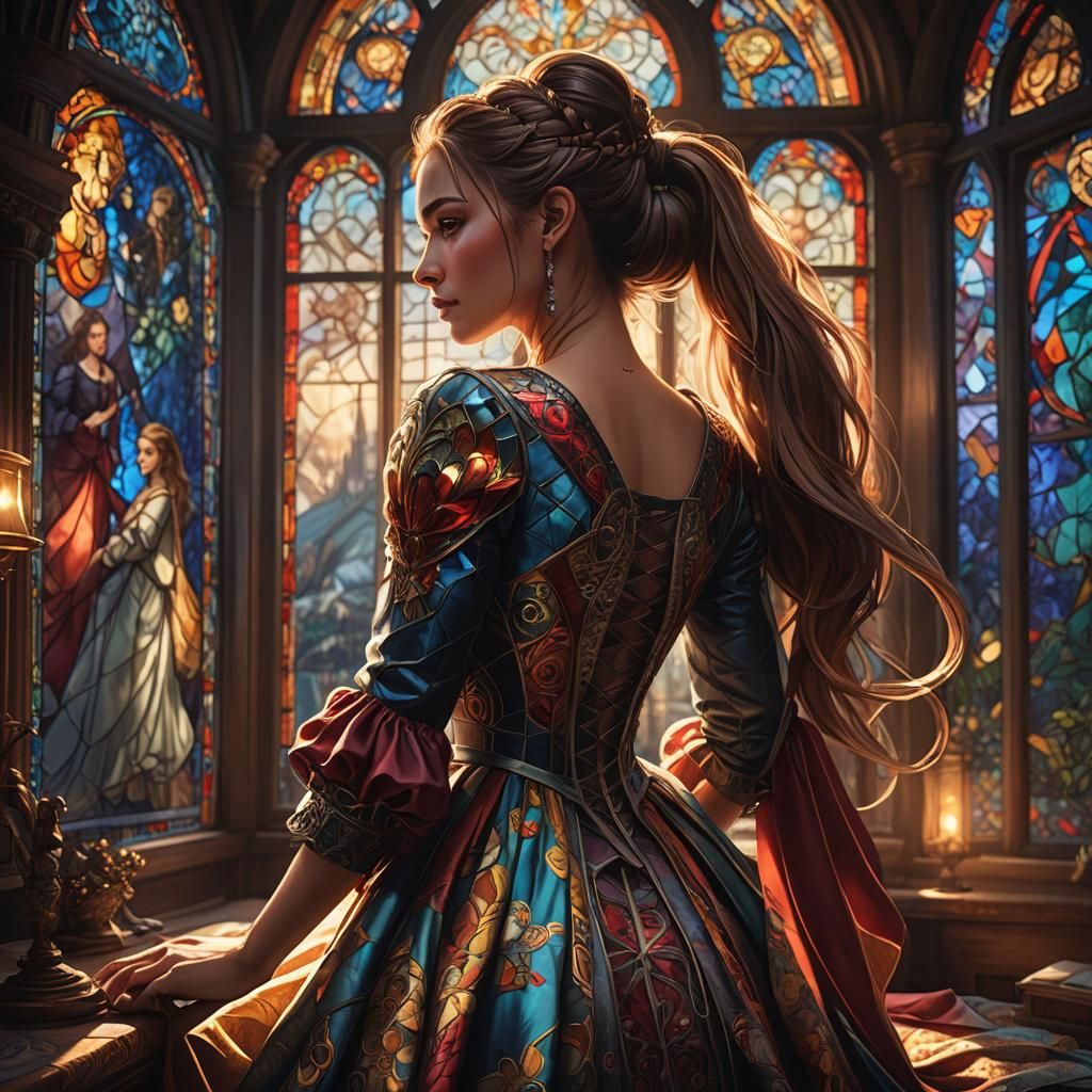 Girl Sewing Dress: Art Nouveau Digital Painting