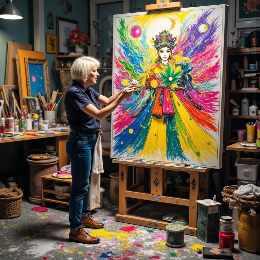 Cubist Painter in Studio with Splash Art