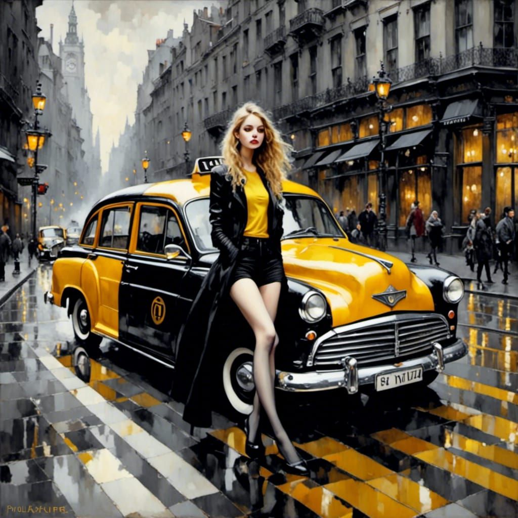 Modern Taxi Car with Celestial Whimsy