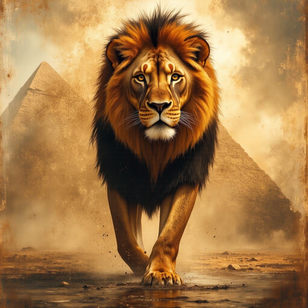 Majestic Lion Walks Nile Bank with Pharaoh and Pyramids