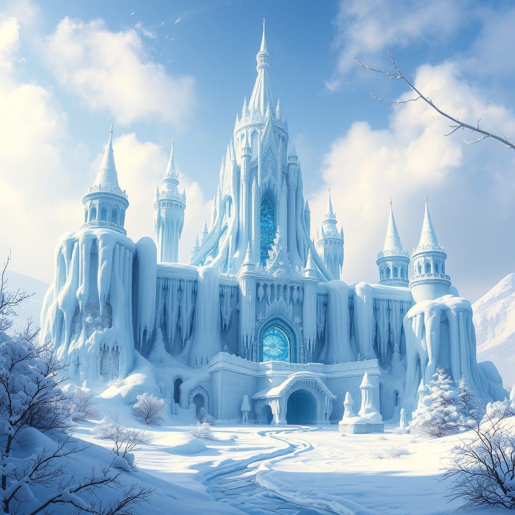 Majestic Ice Castle in Winter Landscape