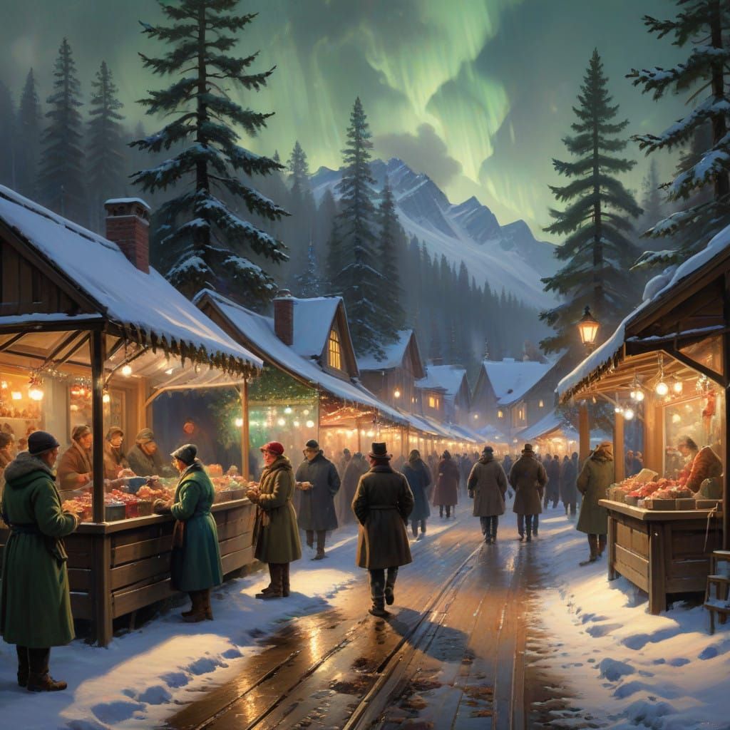 Winter Wonderland Bustling Market Scene with Northern Lights...