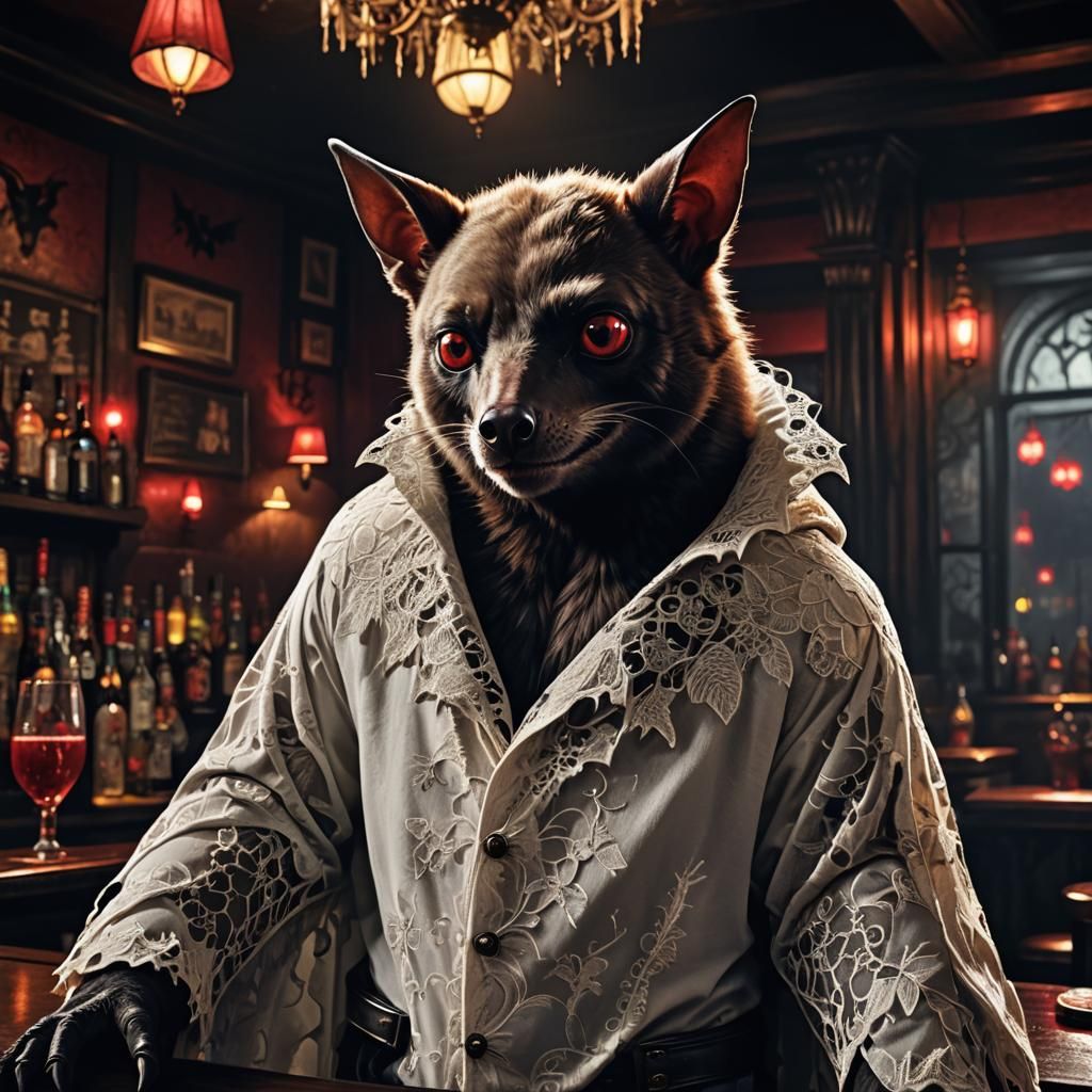 Anthropomorphic Fruit Bat in Goth Bar: Digital Art
