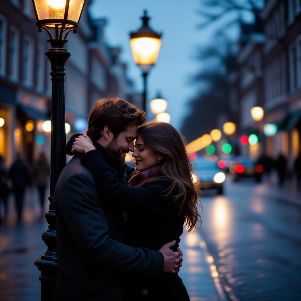 Romantic Embrace Under Lamplight: Cinematic 35mm Film