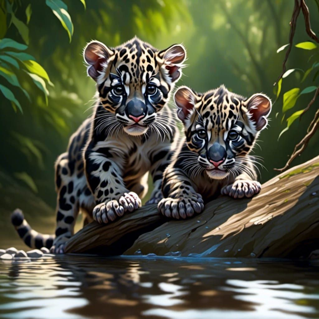 Clouded Leopard Cubs Drinking From Stream