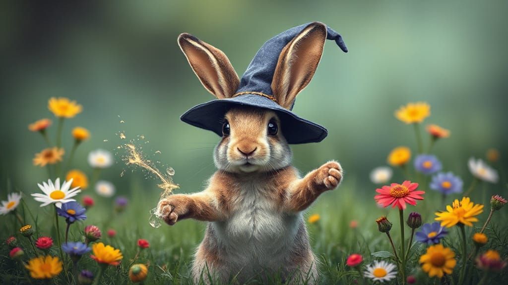 A rabbit wearing a tiny wizard hat