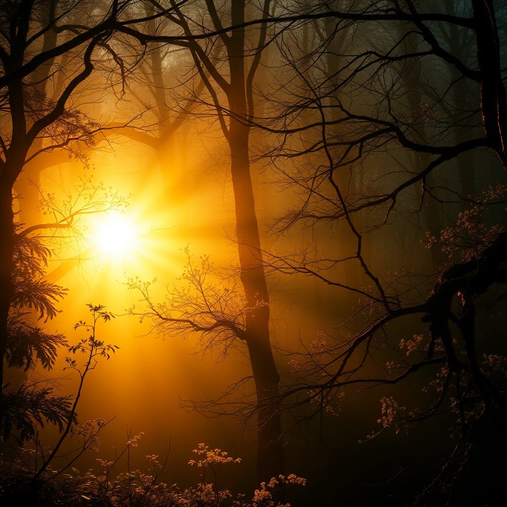 Golden Light Erupts in Misty Forest