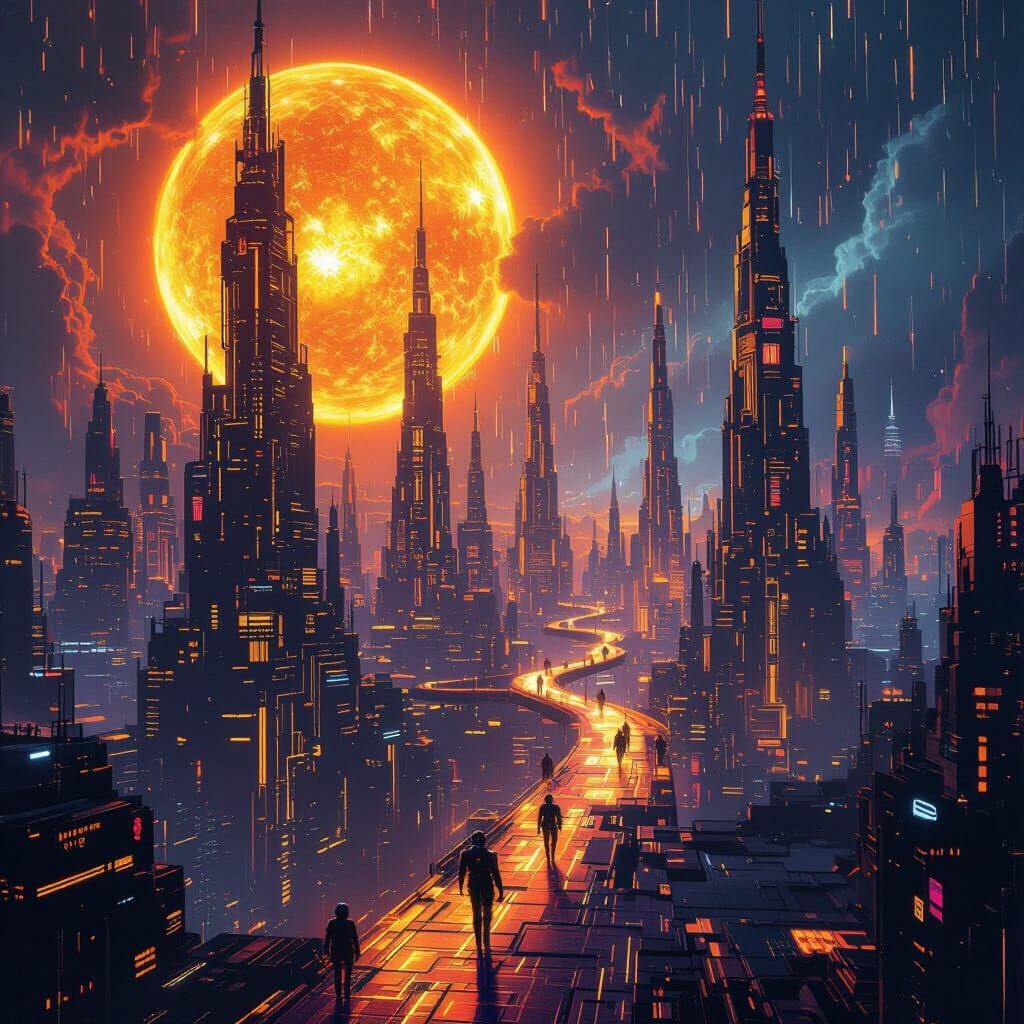 Cyber City Inside Sun with Neon Lights