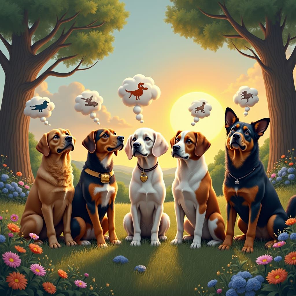 Dogs Contemplating Life's Mysteries in Whimsical Landscape