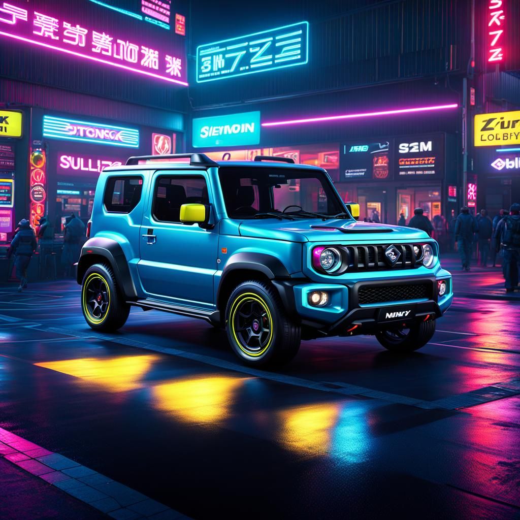 Hyperrealistic Suzuki Jimny in Synthwave Neon Style