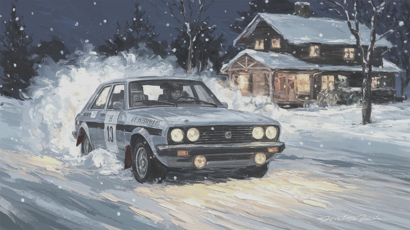 Expressive Winter Rally Scene in Impasto Style