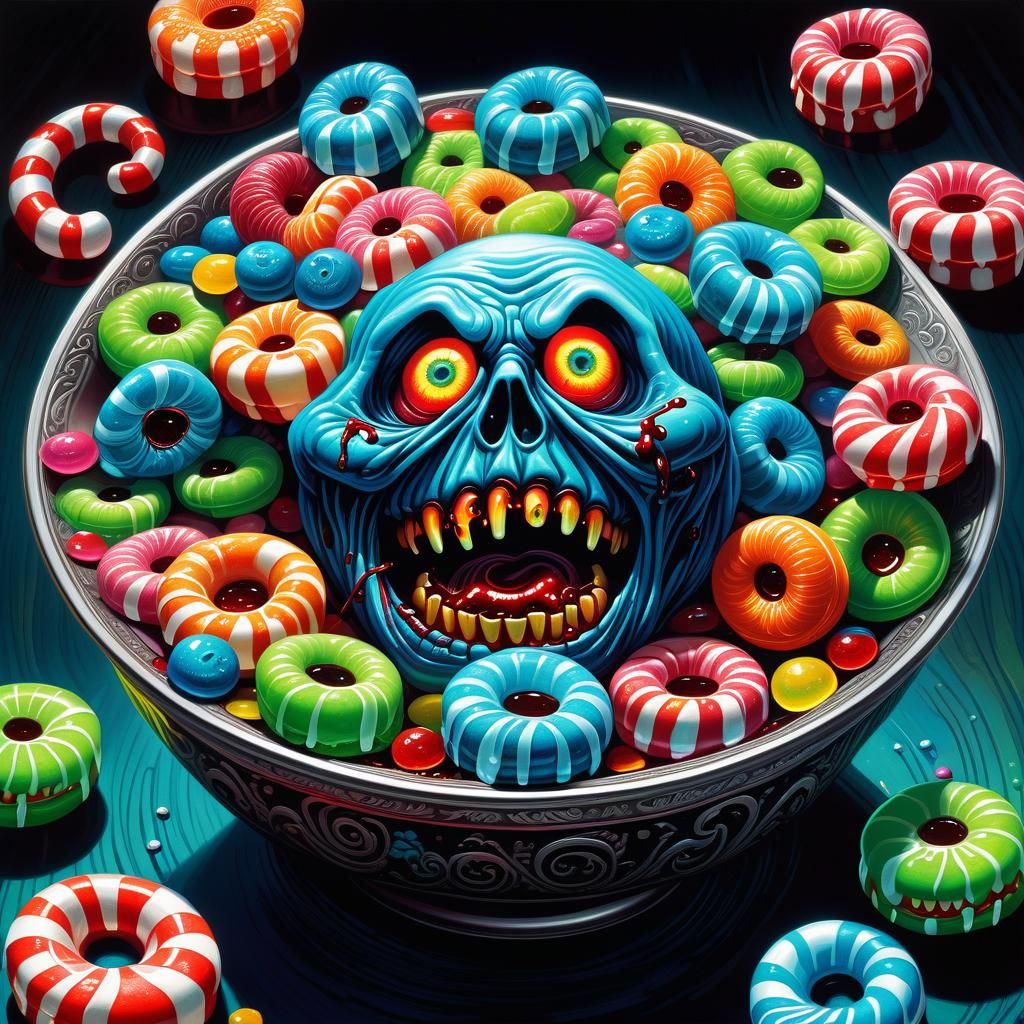 Oozing Bowl of Evil Candies in a Horror Wonderland