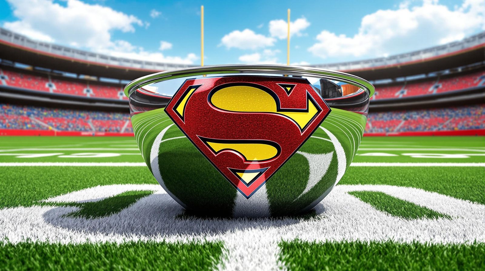 Shiny Silver Bowl on Football Field in Sunlight