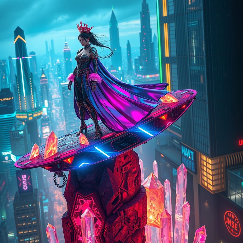 Cyberpunk Empress Soars Above Dystopian Metropolis