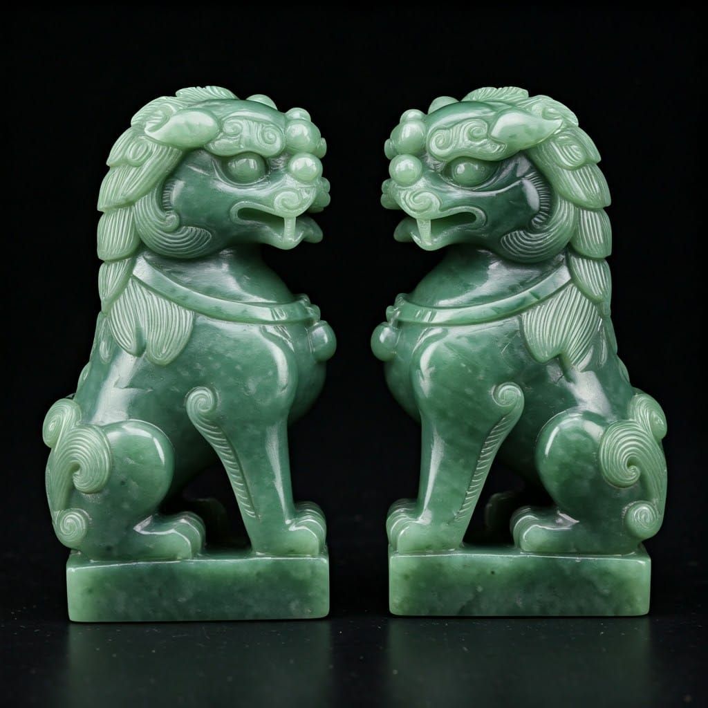A pair of green jade carved Chinese Dogs of Fo