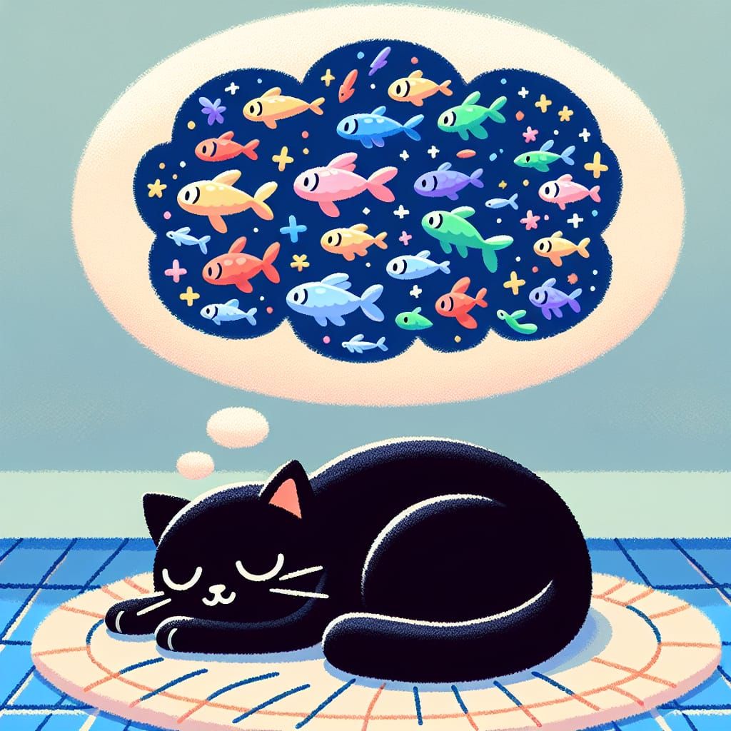 Dreaming Cat with Fish: Whimsical Stick Art