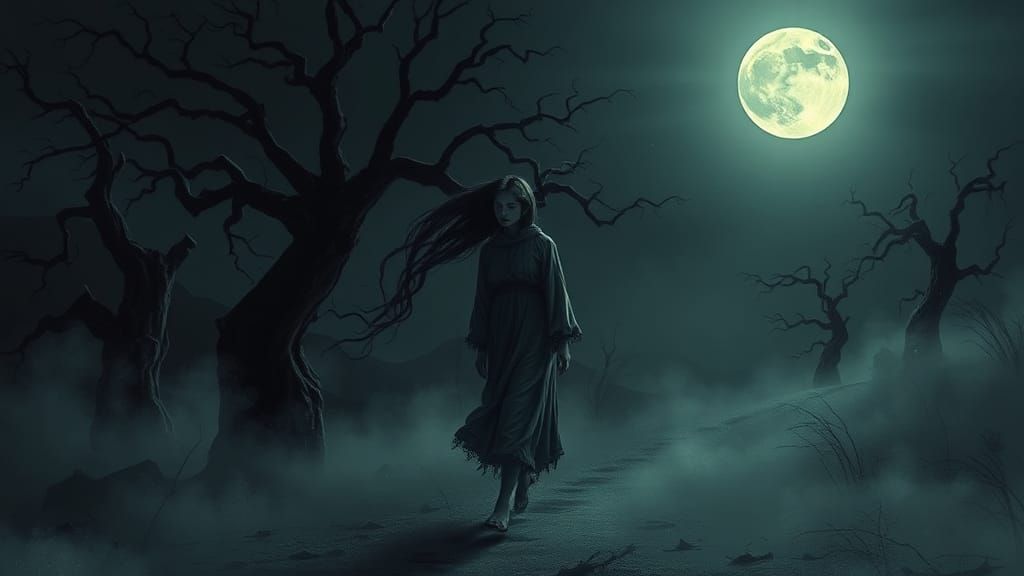Eerie Somnambulist in Moonlit Nightmare Landscape