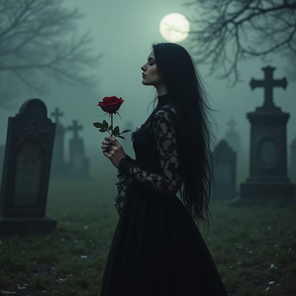 Gothic Woman in Midnight Graveyard