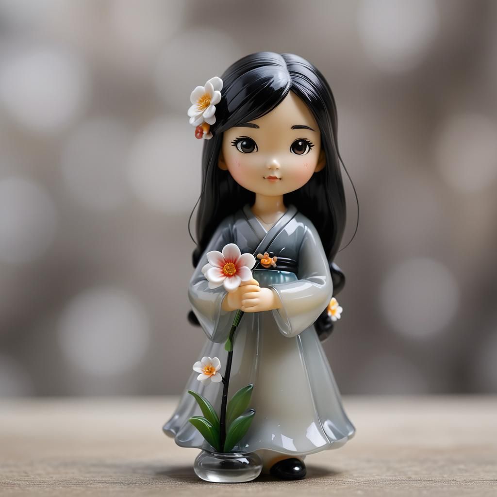 Glass Figurine of Japanese Girl Holding Flower