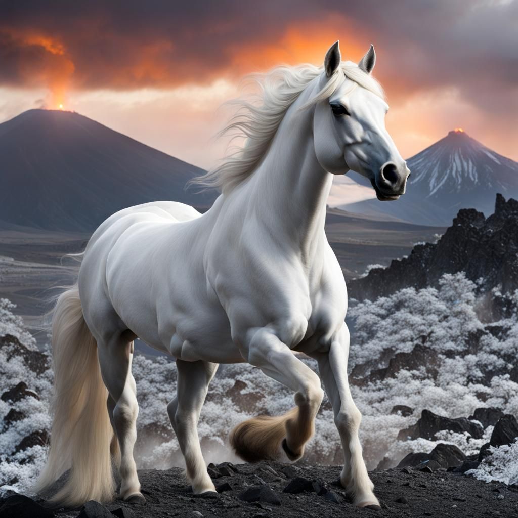 White Horse in Volcanic Landscape with Ash
