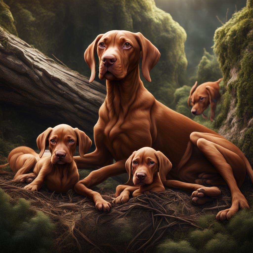 Vizsla Nesting with Puppies: Detailed Matte Painting