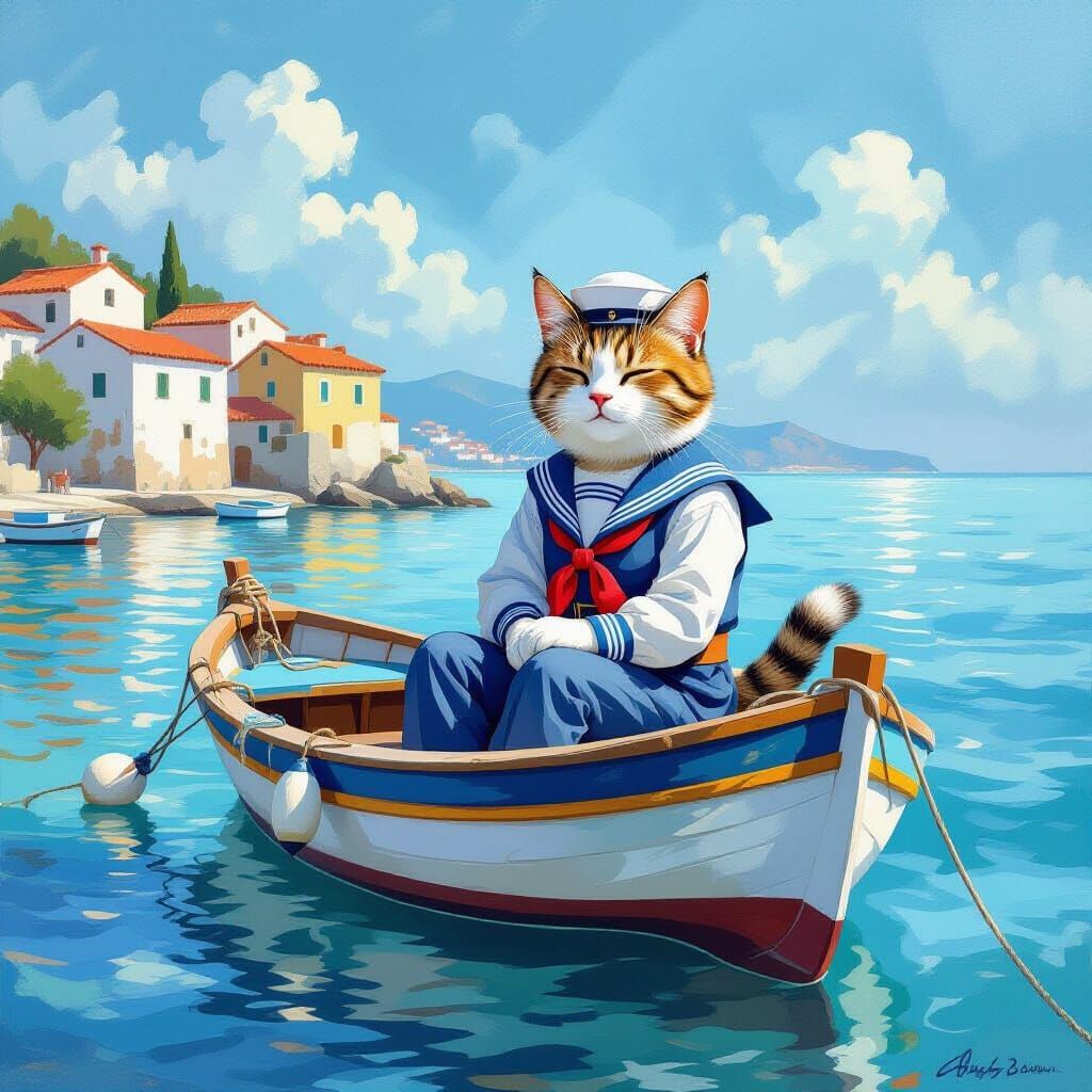 Cat Sailor on Mediterranean Boat in Impressionist Style