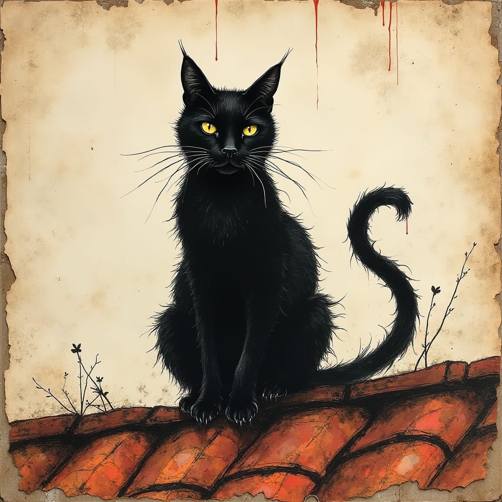 Black Cat on Mosaic Roof in Watercolor Wash Style