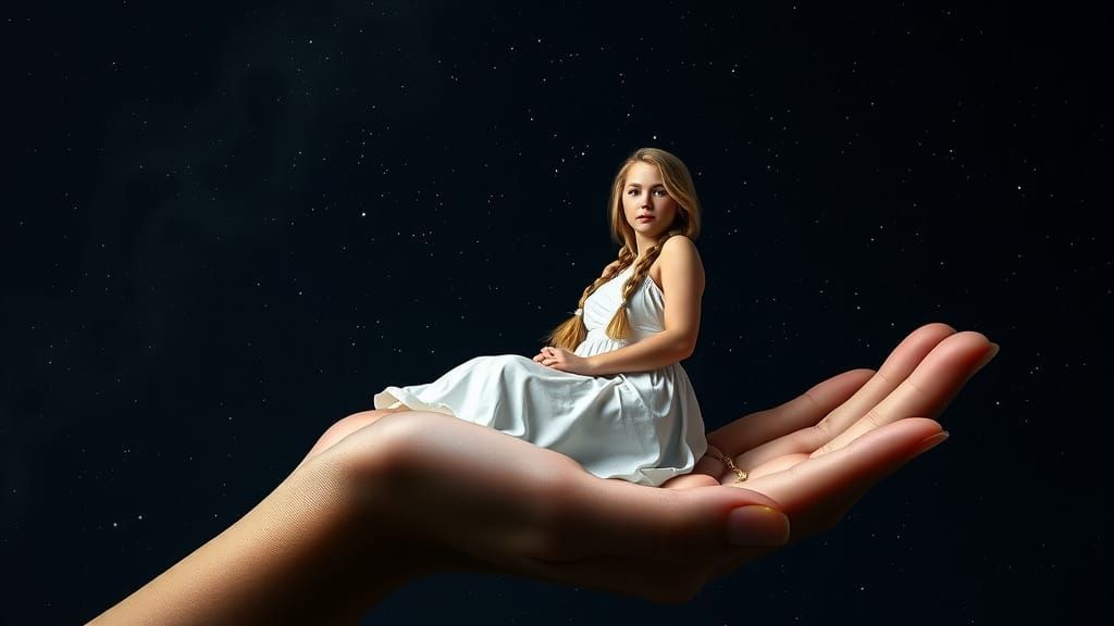 Gigantic Hand Holds Woman in Starry Night Sky