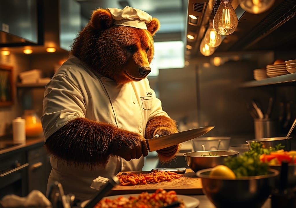 Grizzly Bear Chef in Hyperrealistic Kitchen