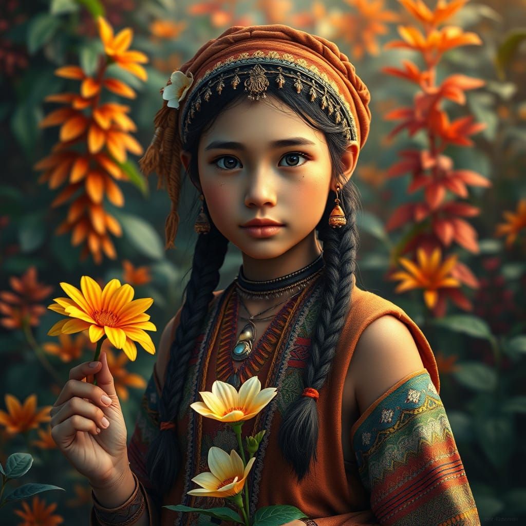 Young Native Girl in Lush, Vibrant Fantasy Landscape
