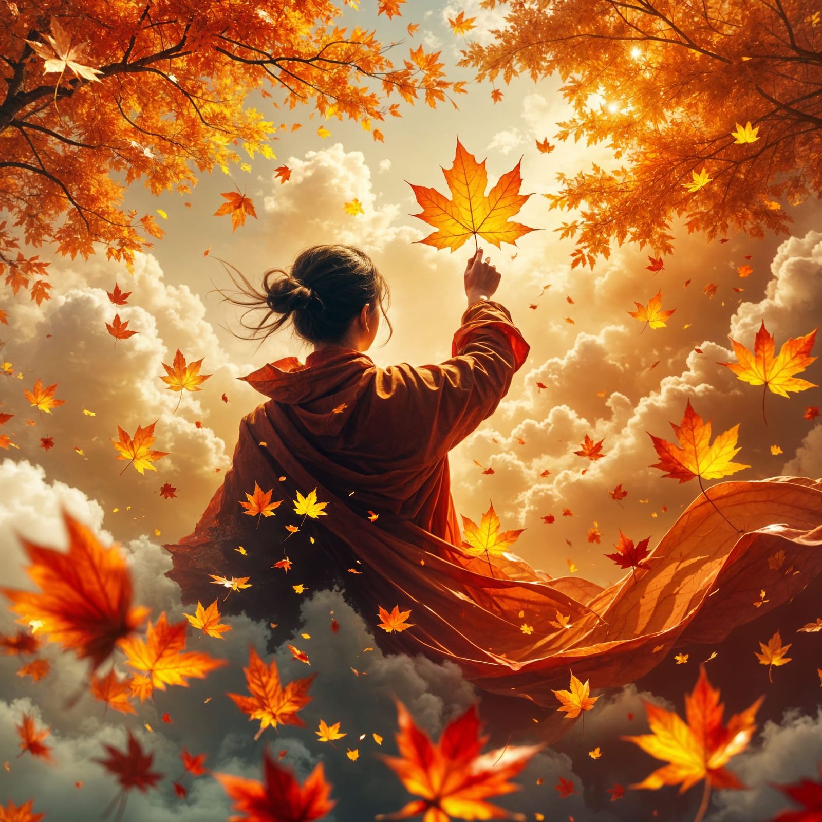 Autumn Leaves Drifting Through White Clouds