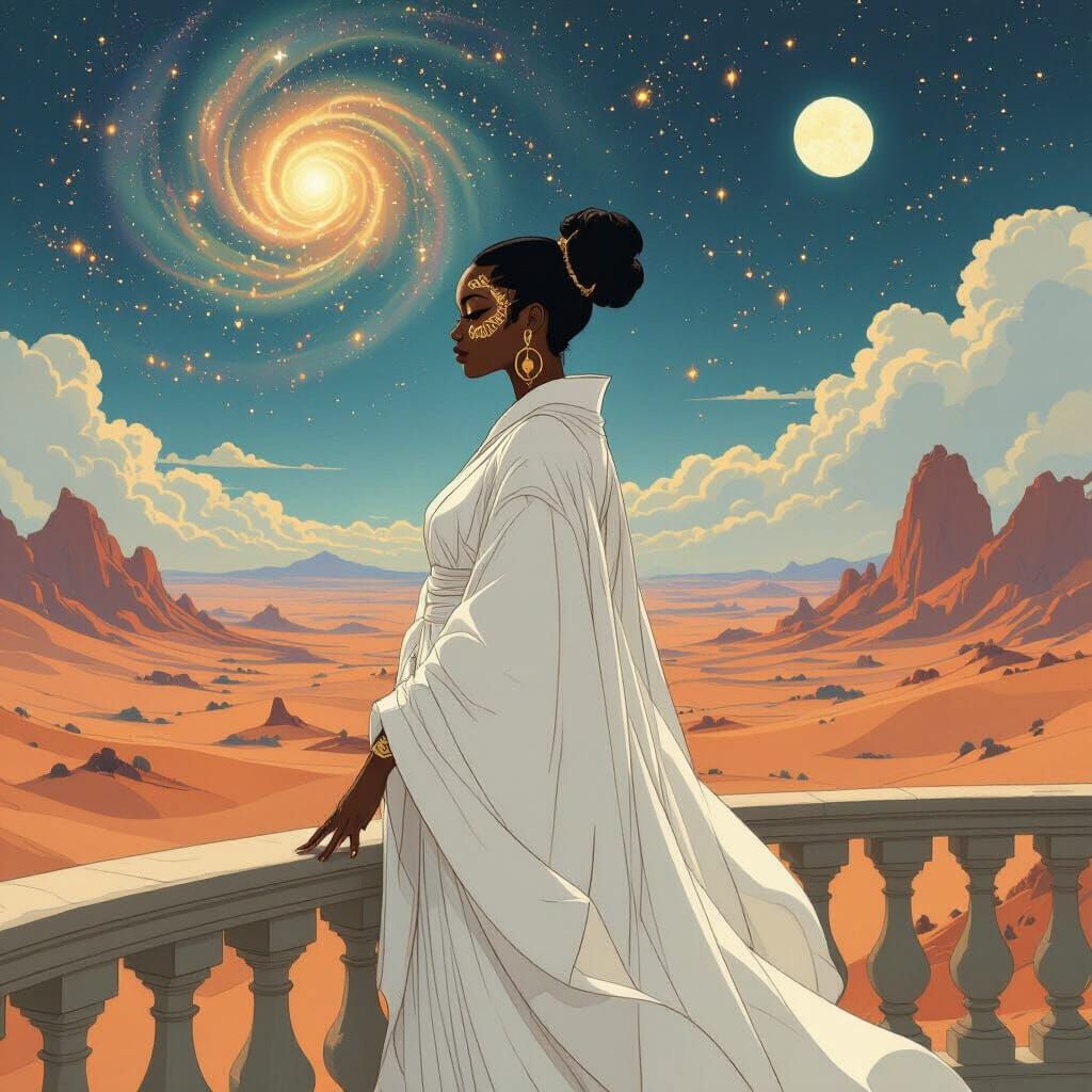 Elegant African Woman in Surreal Alien Landscape