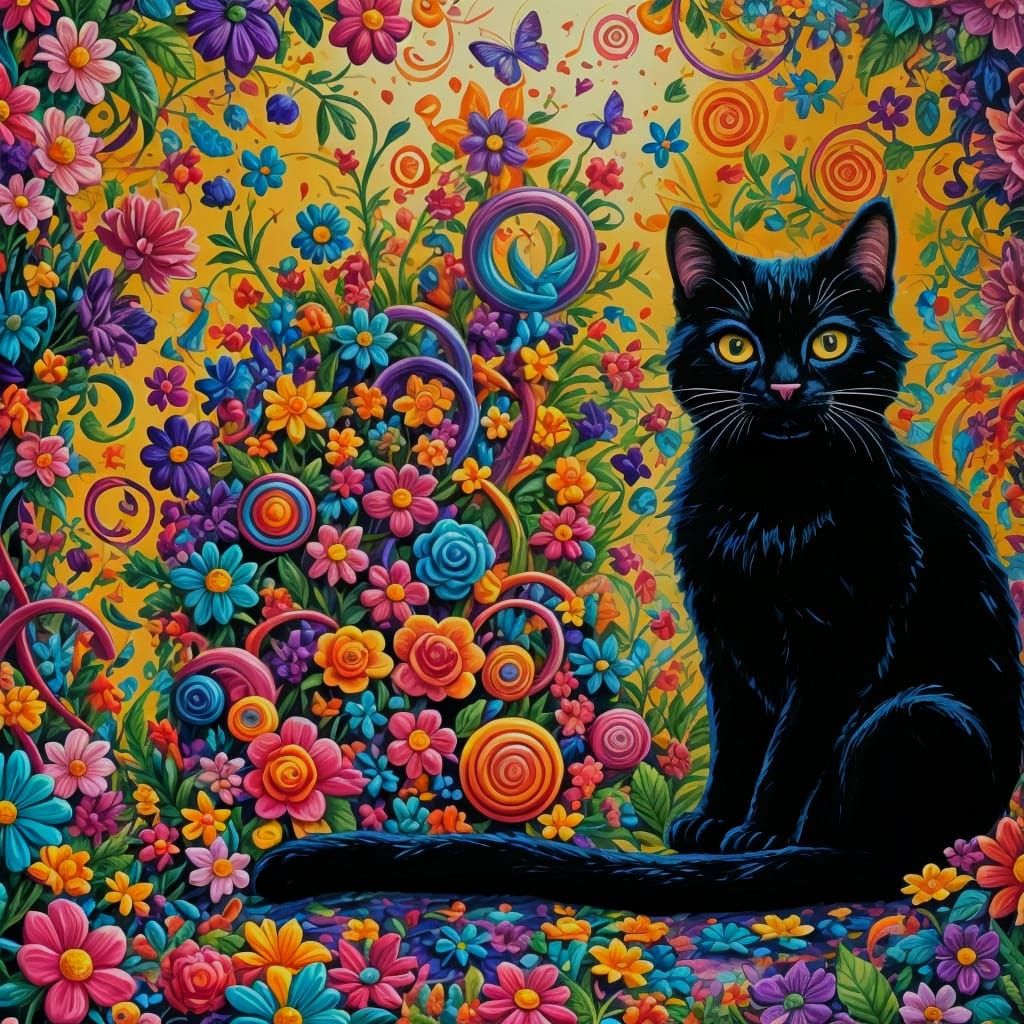 Vivid Kitten Illustration with Gold Outlines