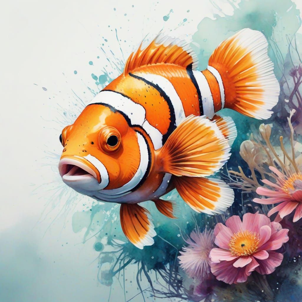 Enchanting Tropical Watercolour of a Clownfish with Anemone-...
