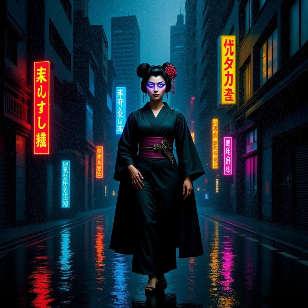 Cyberpunk Geisha in Rainy Tokyo Alley