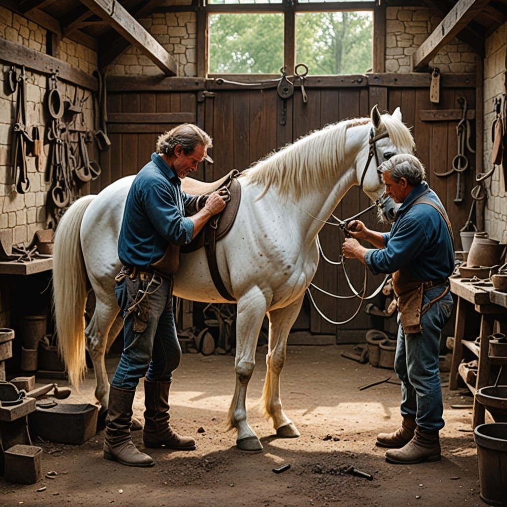 Blacksmith Working with a Majestic White Horse