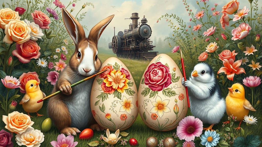 Rabbits and Chicks Painting Easter Eggs in Fairy Garden