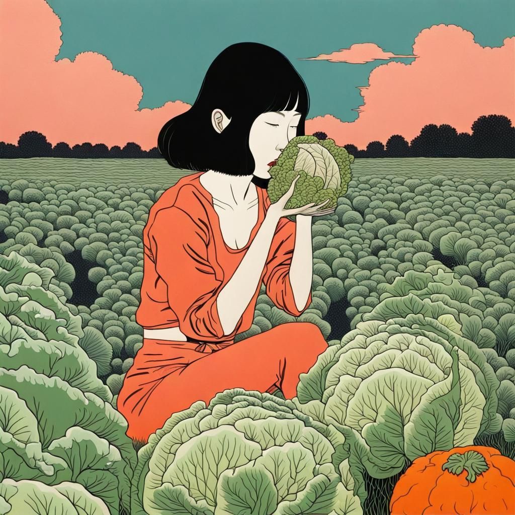 Woman in Cabbage Field, in Retro Japanese Style